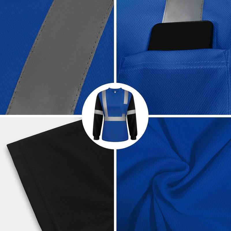 TCCFCCT Hi Vis Shirts for Women Class 3 Safety Shirt for Women Construction Work with Long Sleeves, Hi Vis Shirts for Women Driver and Night Running, Night Working,WP-Blue-LX XXL - Image 4